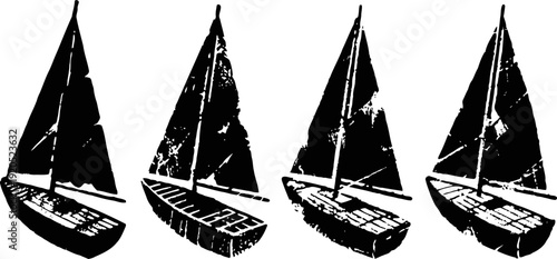 Set of four vintage sailboat silhouettes in different perspectives and angles on white background