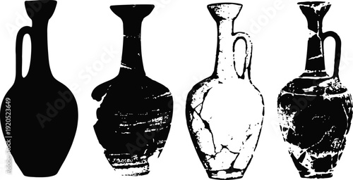 Ancient ceramic vases silhouette set with handles in vintage illustration