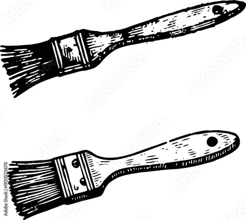 Two vintage paintbrushes with wooden handles and bristles, hand drawn black ink illustration