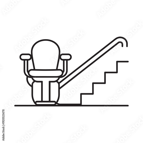 Line drawing of a stair lift chair ascending a staircase