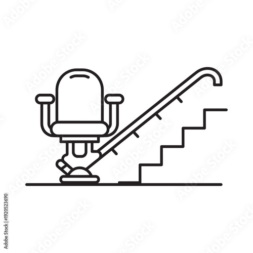 Line drawing of a stair lift chair ascending a flight of steps