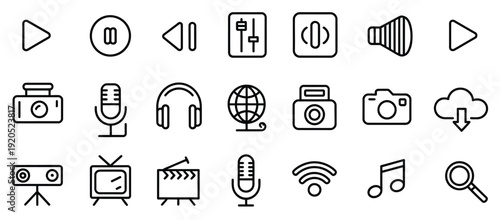 multimedia icons for streaming services, video audio recording production entertainment symbols, minimalistic vector illustration set for ui web and mobile apps.