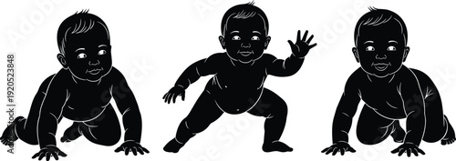 Baby crawling and first steps silhouettes collection infant movement developmental stages vector illustration isolated black