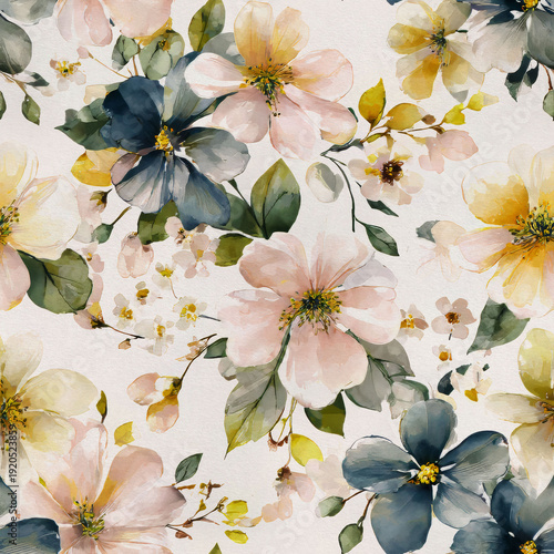 Beautiful Floral Pattern Featuring Soft Pink and Blue Flowers in Watercolor Style