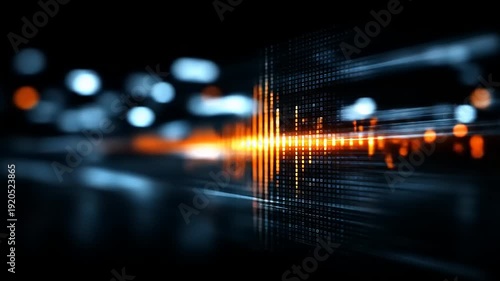 Energetic digital frequency analysis with glowing orange waveform pulsating over a dark blue bokeh background