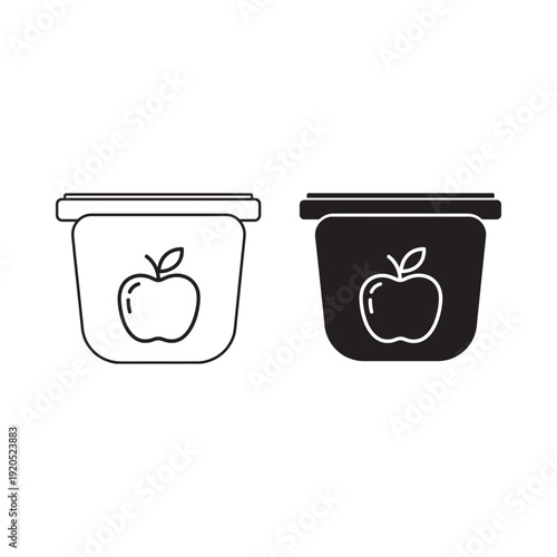 Black and white line art of yogurt containers with apple designs
