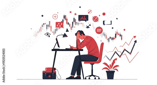 Stressed Trader Analyzing Market Data on Computer Screen with Candlestick Charts and Business Symbols
