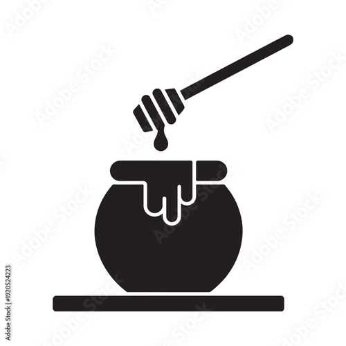 Simple black silhouette of a honey pot with dripping honey and dipper