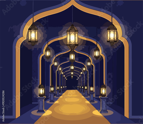 Ornate Archway with Hanging Lanterns Illuminated.