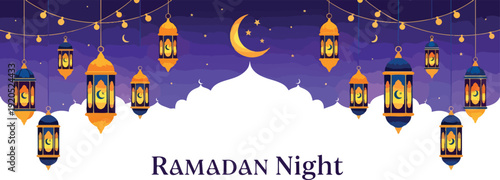 Ramadan Lanterns Hanging in Night Sky.