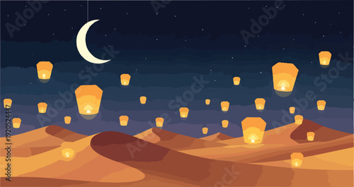 Lanterns Floating in the Desert Night Sky.