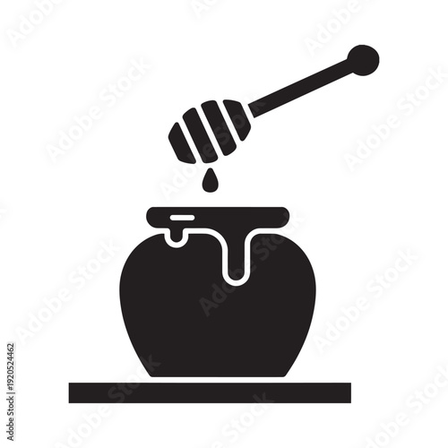 Simple black silhouette of a honey pot with dripping honey and dipper