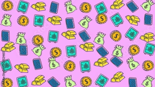 Repeating pattern of money bags, gold coins, and treasure chests. Suitable for financial, wealth, and investment concepts.