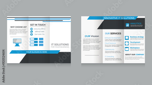 IT Company Trifold Brochure Template with Blue Geometric Design