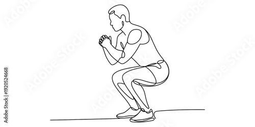 Line art illustration of a person performing a bodyweight squat exercise, viewed from the side Vector, illustration