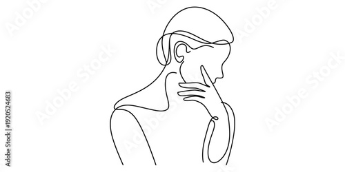 A continuous line drawing illustrating a person deep in thought, with their hand gently touching their chin Vector, illustration