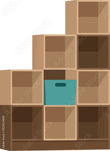 Modern wooden cube storage organizer with teal box for home or office interior decor