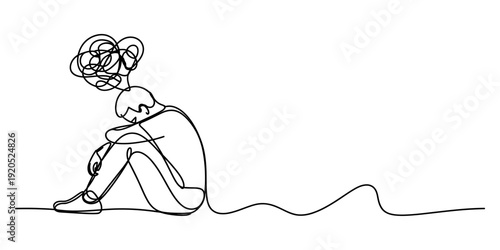 Continuous line drawing of a person sitting in despair with a tangled mess of thoughts above their head Vector, illustration