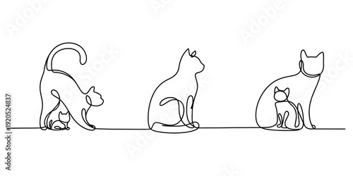 A continuous line art illustration showing three different depictions of cats, including a mother cat and kitten Vector, illustration