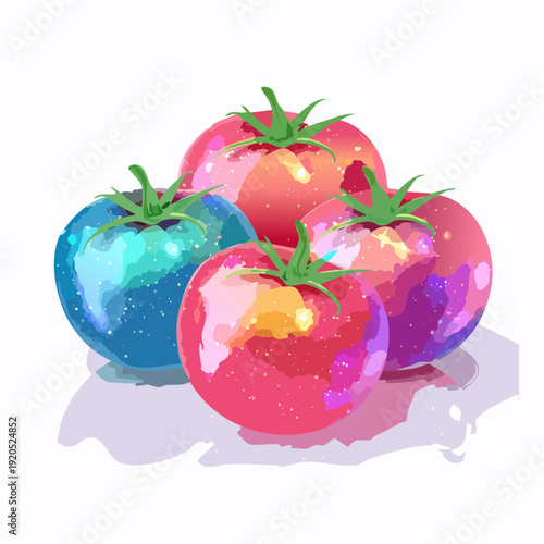 Artistic rendering of ripe, plump tomatoes bursting with a kaleidoscope of cosmic colors and vibrant energy