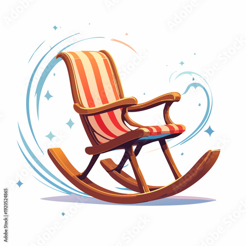 Comfortable striped rocking chair with curved wooden base and decorative swirling lines