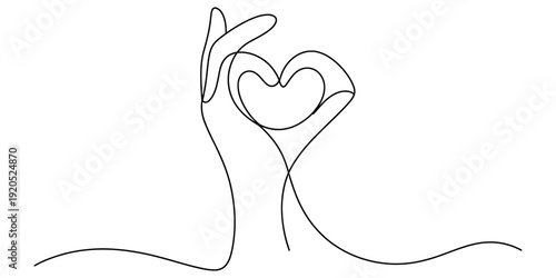 Continuous line art illustration of a hand forming a heart gesture, representing romance and affection on a white background Vector, illustration