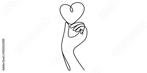 A continuous line art drawing of a hand gently holding a small heart shape, symbolizing love and care Vector, illustration