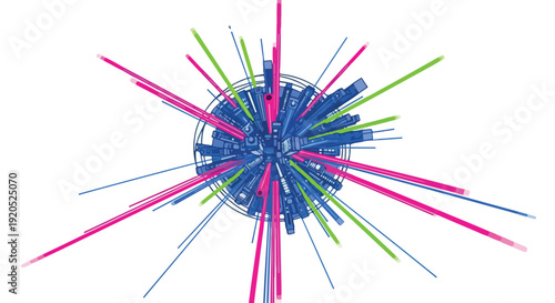 Abstract exploding sphere with colorful beams emanating outwards, representing data, connection, or energy