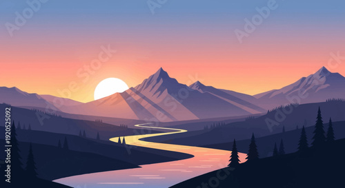 Serene mountain landscape with winding river at sunset