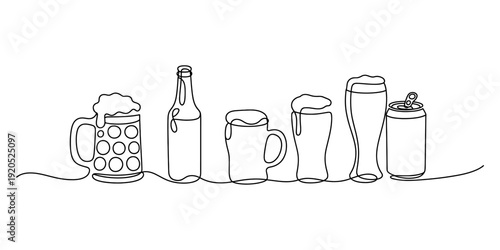 A continuous line art illustration showing various types of beer containers including mugs, bottles, and a can. Vector, illustration