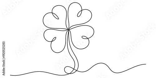 A simple continuous line art drawing of a four-leaf clover, symbolizing luck and good fortune. Vector, illustration
