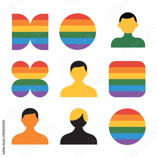 Bold Rainbow Pride Month Flat Vector Icon Set with LGBTQ Celebration, Unity, Equality and Modern Minimal Design Style