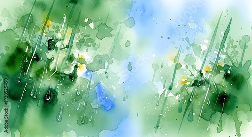 Abstract watercolor painting with green and blue splashes