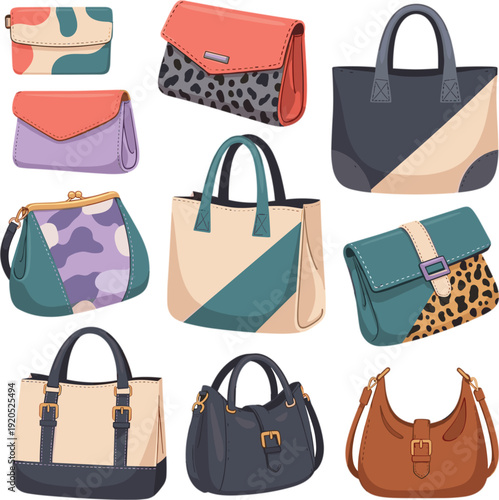 Stylish women handbags collection with animal print and leather tote shoulder and clutch purses flat vector illustration set