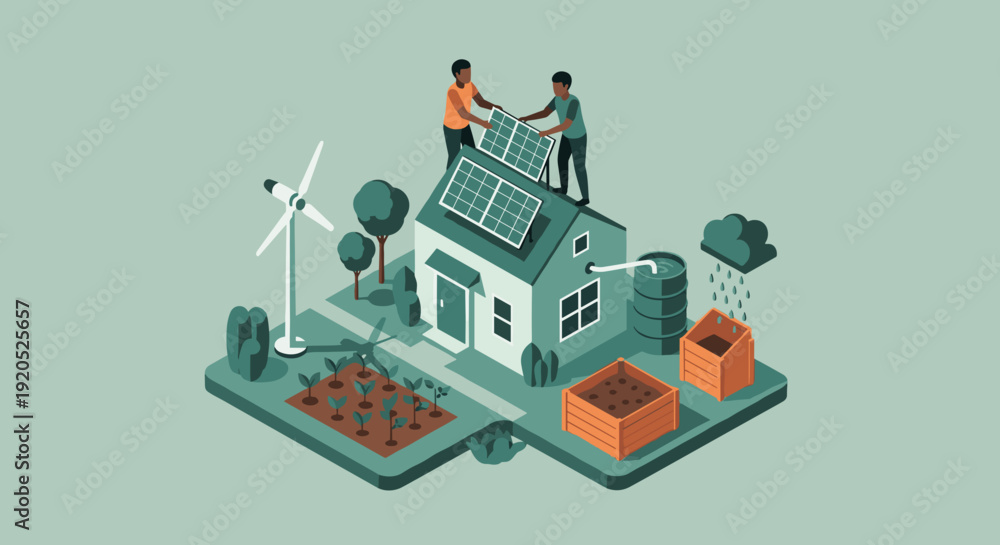 Obraz premium Isometric eco-design in a flat style. A dark-skinned couple in casual eco-friendly clothing installs a simplified solar panel on their roof. Sustainable home energy concept.