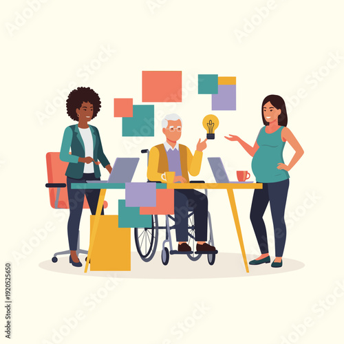 A flat design vector illustration of inclusive teamwork without office clichés. Three diverse people collaborate at an abstract modular desk.