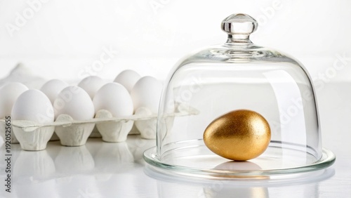 Isolated beauty of a golden egg in a nest beside a glass perfume bottle and decorative Christmas light object