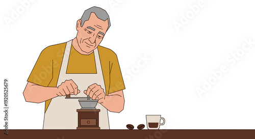 A middle-aged man grinds coffee beans by hand. The kitchen nook is depicted through an abstract countertop. Geometric vector scene.