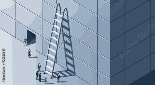 metal staircase leaning against the high wall of office building, growth and career concept mood, small stylized business people at the base for scale 
