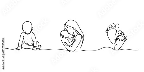 Minimalist line art illustration of a baby, a mother holding her child, and a baby footprint. Vector, illustration