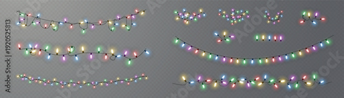 A collection of colorful string lights on a gray background