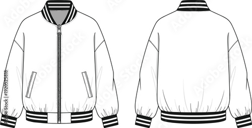 Bomber Jacket Front and Back View Outline Vector Illustration Casual Fashion Apparel Template