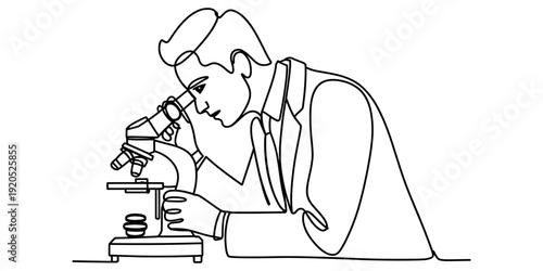 Continuous line drawing of a scientist looking through a microscope in a laboratory setting Vector, illustration