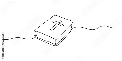 Continuous line drawing of a holy bible with a cross on the cover on white background. Vector, illustration