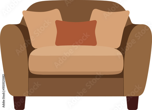 Modern brown armchair with cushions isolated on white background, cozy home furniture vector illustration