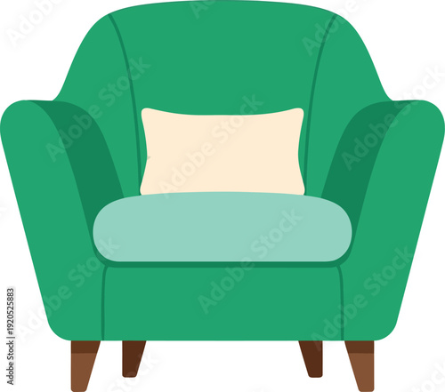 Modern green armchair with cushion isolated on white background, stylish home interior furniture illustration
