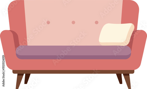 Modern pink sofa illustration with cushion, mid-century style furniture for living room decor and interior design