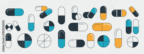 Medicine pills and capsules icon set, minimalist medical vector collection featuring capsule and tablet symbols in outline and solid styles, healthcare and pharmacy design elements for apps, packaging