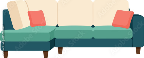 Modern sectional sofa illustration with teal and cream cushions and decorative pillows for interior design