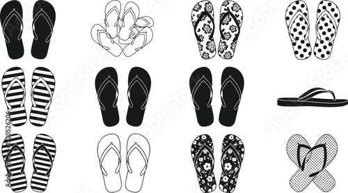 Black and white vector silhouette set of various flip flops featuring floral polka dot and striped patterns for summer beach vacation and fashion branding
